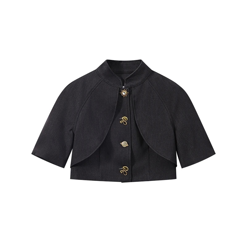 Fashion Women Pant Set Fashion Stand Collar Single Breasted Short Sleeve Cropped Coat And Lace Up Wide Leg Pant Casual Outwear