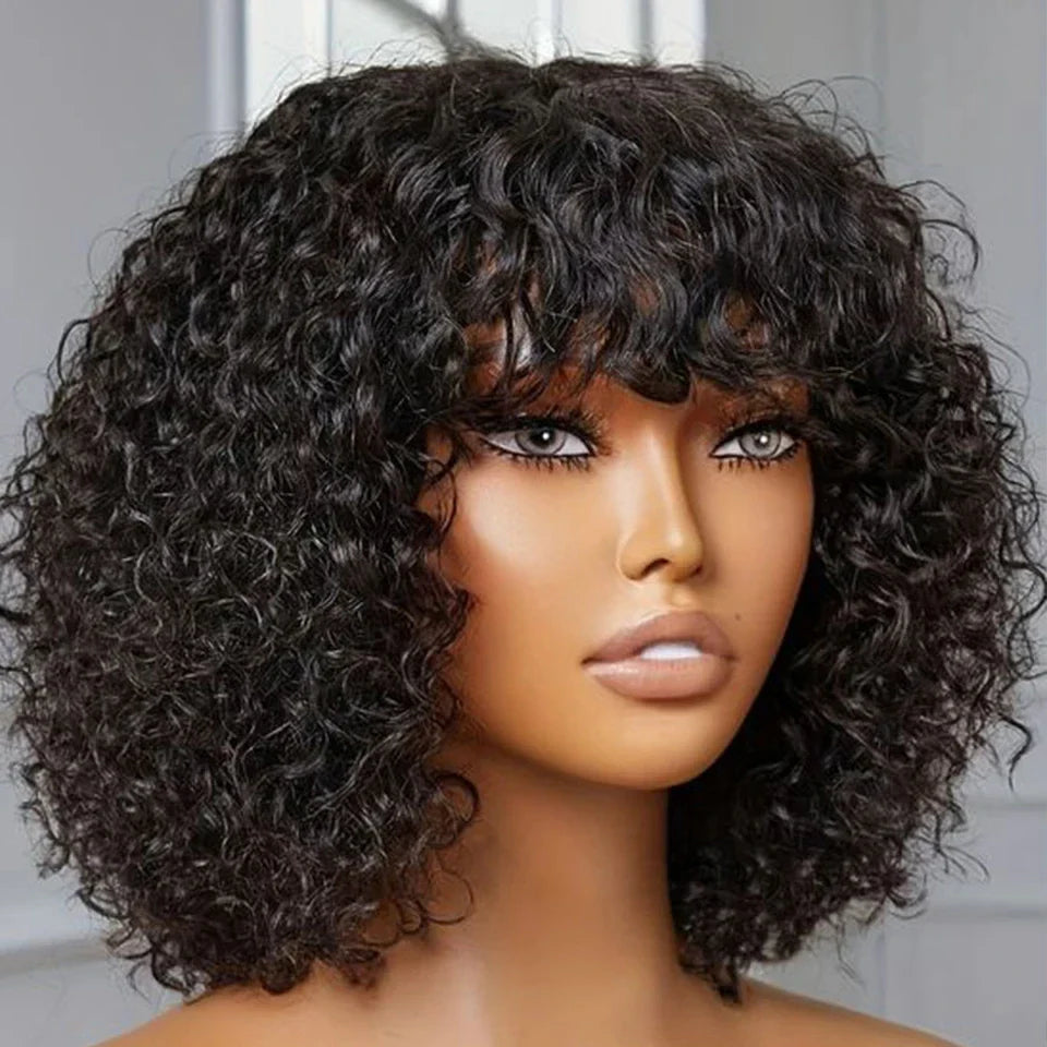 Pelucas de cabello humano Jerry Curly Short Pixie Bob Cut con flequillo, pelucas Remy Curly Bob para mujeres negras, peluca Full Machine Made #1B 1B/99J