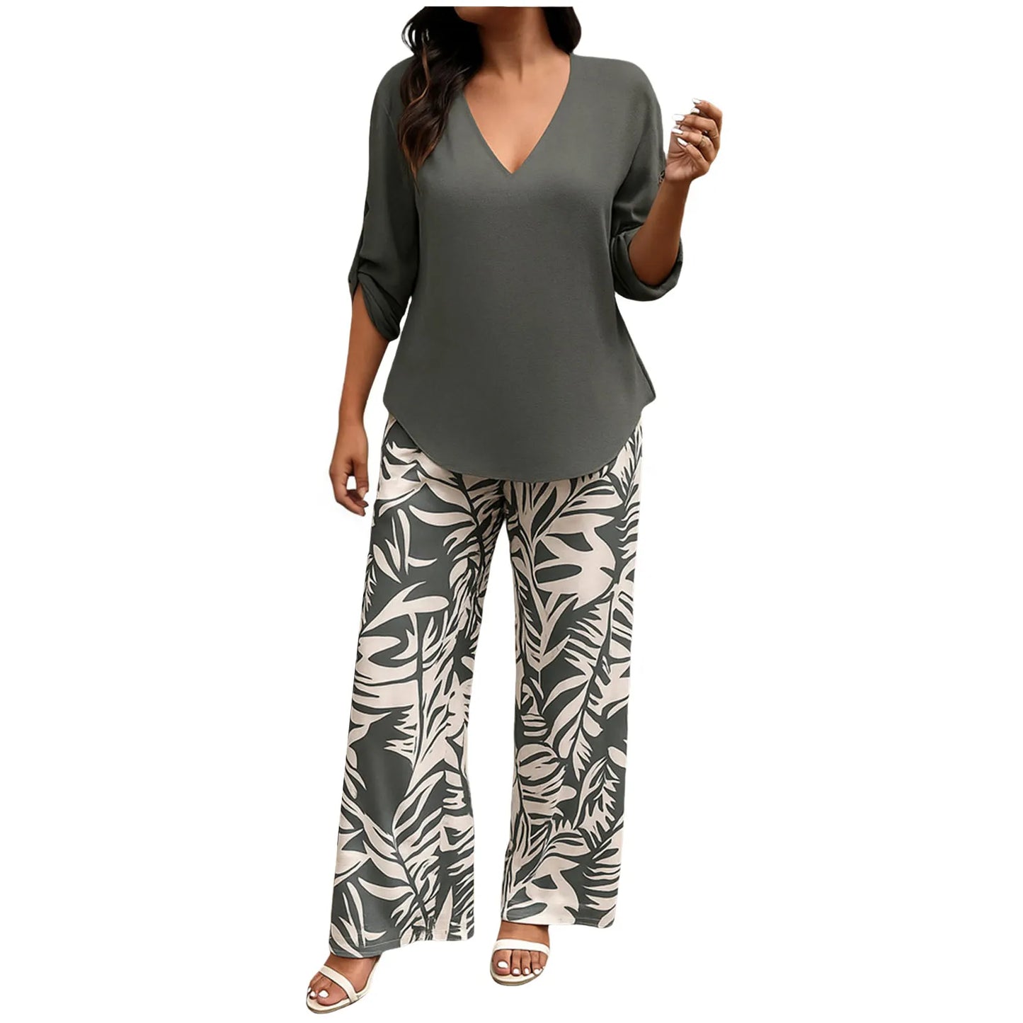 Women Solid V Neck Long Sleeve Digital Print Pants Two Piece Set Casual Stylish Matching Outfit for Daily Outdoor Lounge Wear