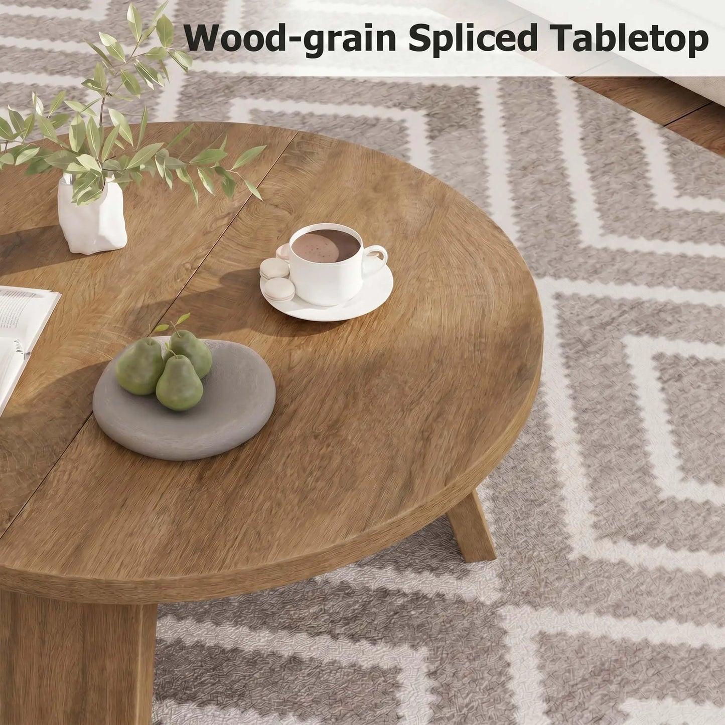 33.5 Inch Round Coffee Table For Living Room, Modern Center Table With Wood Grain Top and Angled Legs For Apartment