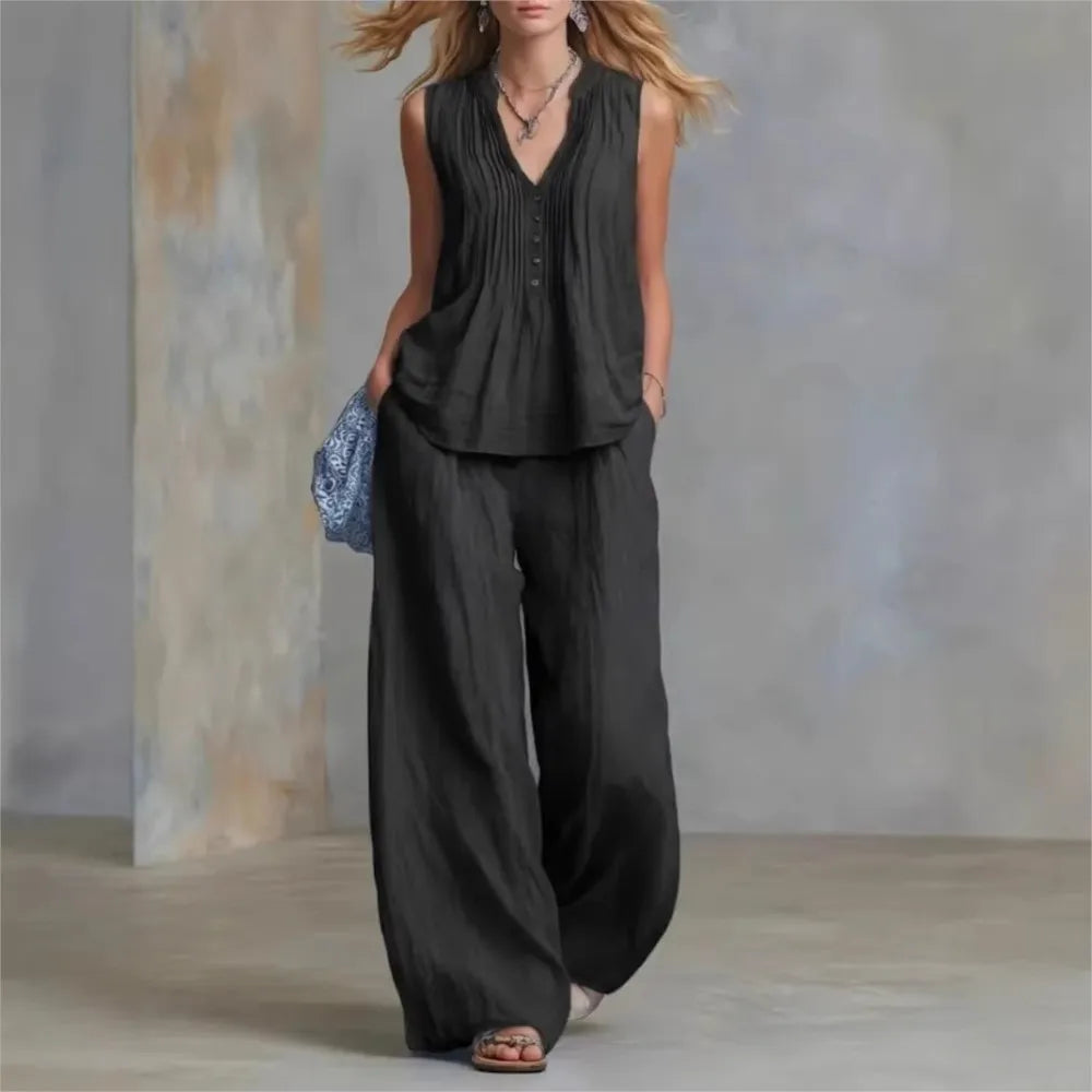 Fashion Pleated V-neck Sleeveless Women's Tops 2-piece Summer Casual Loose Wide-leg Trousers Female Elegant Office Trousers Set