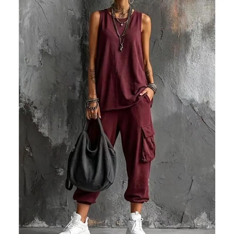 Solid Color Sports Two-piece Set Summer Fashion Sleeveless Top+wide Leg Pants Suit With Pockets Ladies O-neck Streetwear Outfit