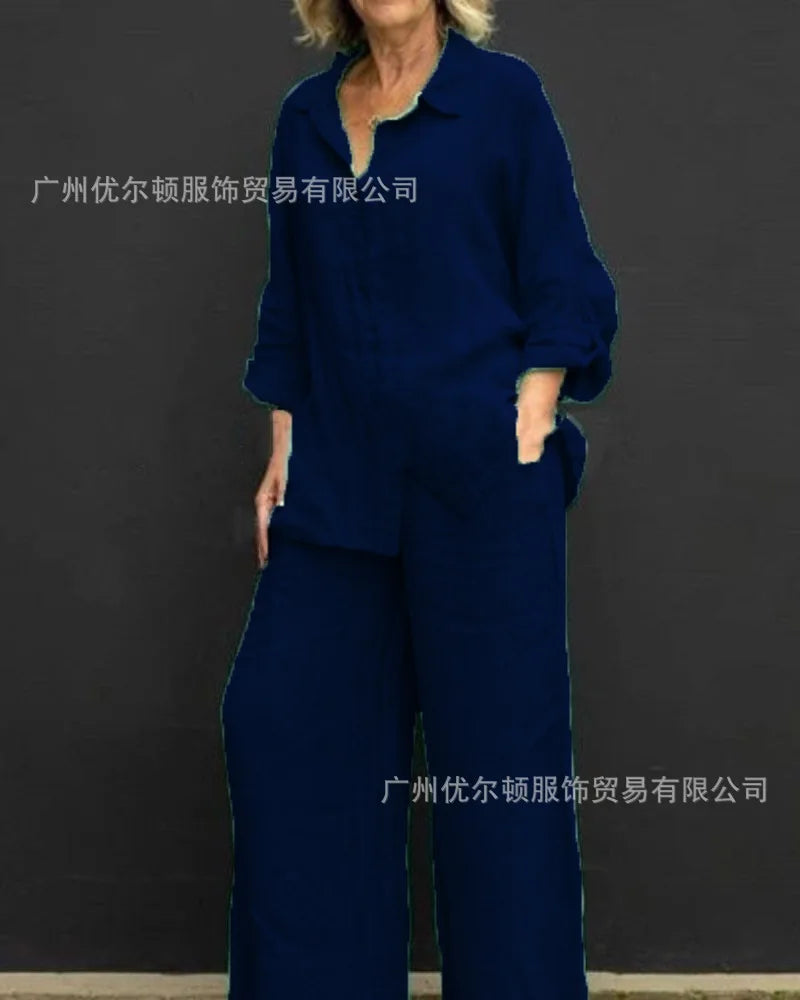 Solid Color Linen Two Piece Sets Women Outfits Spring Autumn Simple Long Sleeve Shirt Loose Trousets Set Office Casual Suit