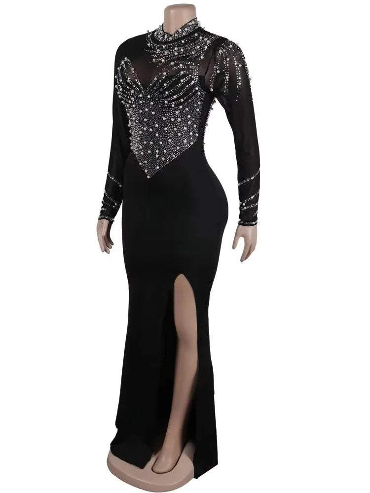 Beyprern Vestido Largo Maxi de Mujer con Abertura Alta y Adornos de Cristales, Vestido de Fiesta Glamoroso de Manga Larga con Diamantes, Atuendos de Celebridades
