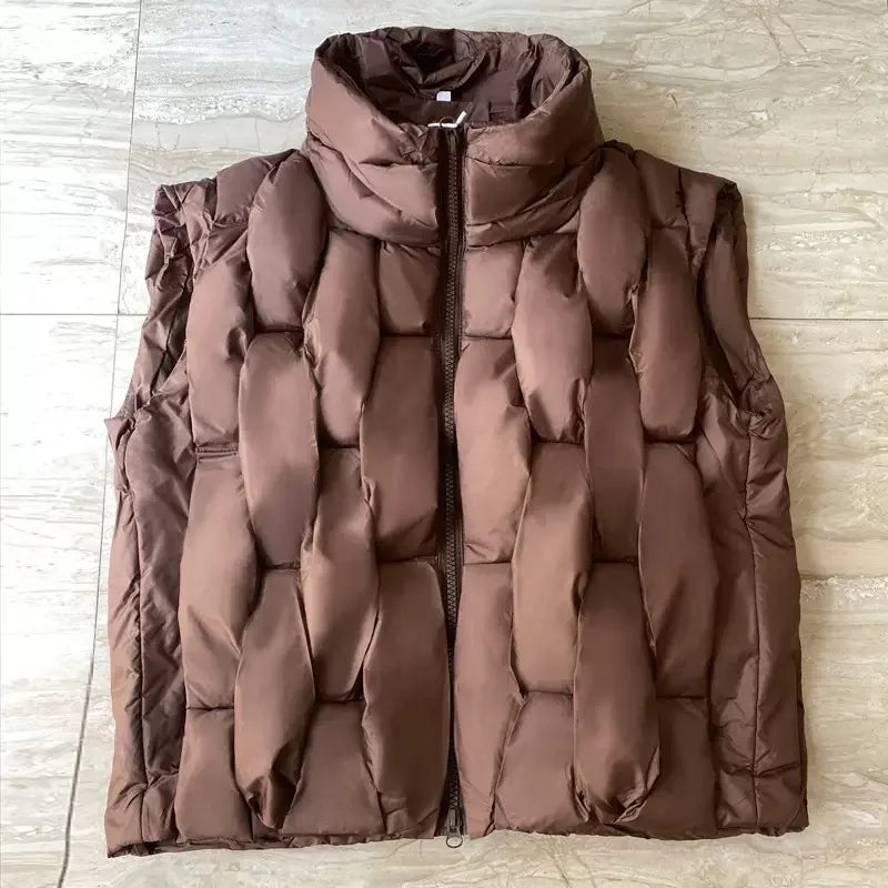 Women Thick Cotton Vest Women Square Weave High Collar Warm Waistcoat Casual  Warm Puffer Bubble Sleeveless Jacket