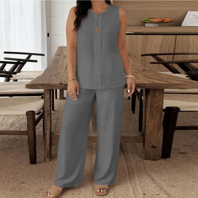Summer O Neck Button Vest Shirt Wide Leg Pants Suit Women Casual Two Piece Set Solid Color Comfortable Holiday Outfits White