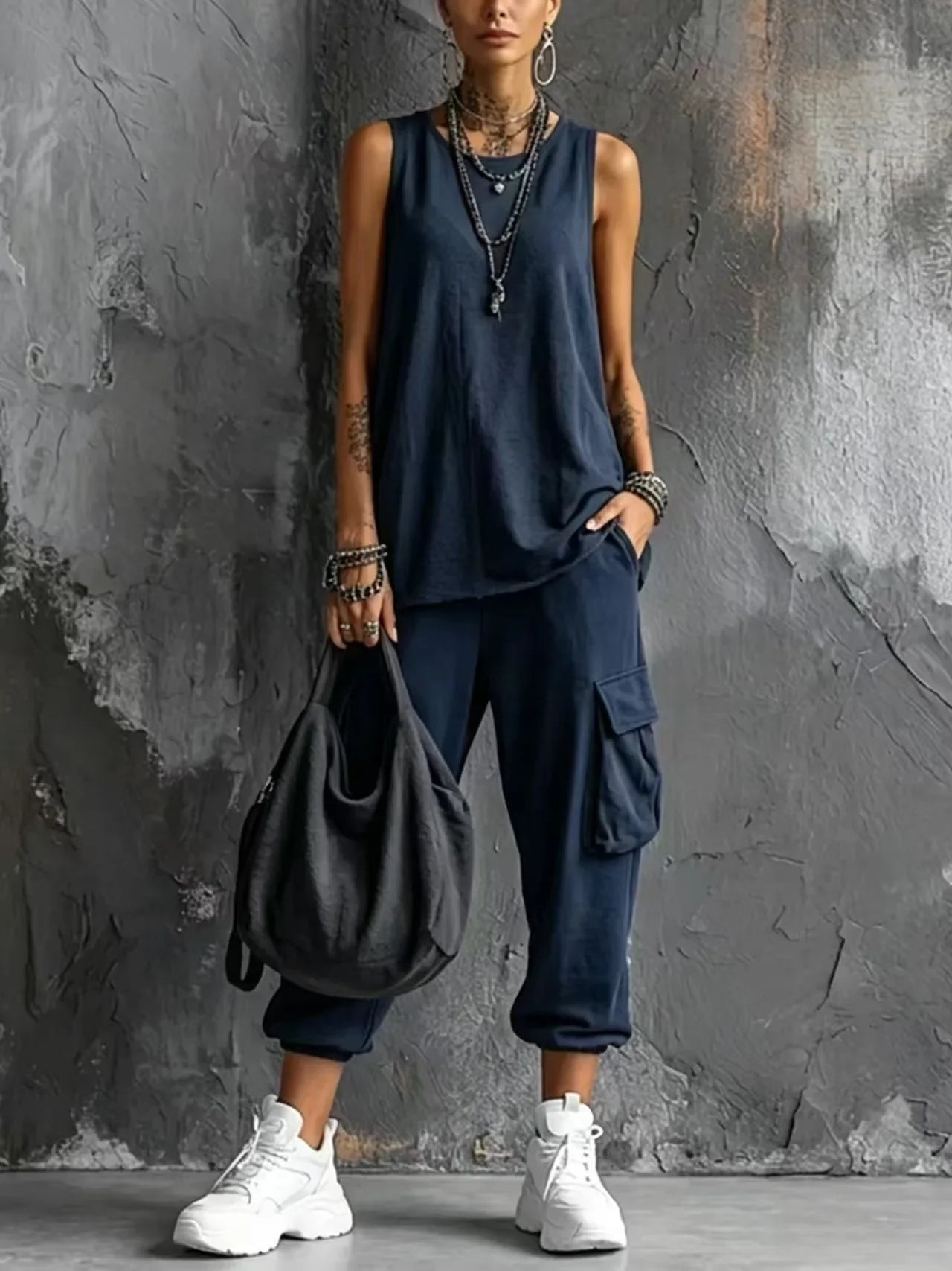 Boho Vacation Summer Sport Outfits Woman O Neck Sleeveless Top Big Pocket Capri Pants Sets Spring Casual Loose Suit Harajuku