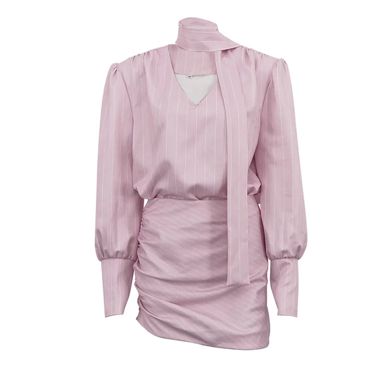 New Autumn Printed Striped Suit For Women, Featuring V-Neck Long-Sleeve Top With Scarf And A Pleated Design Hip-Hugging Skirt