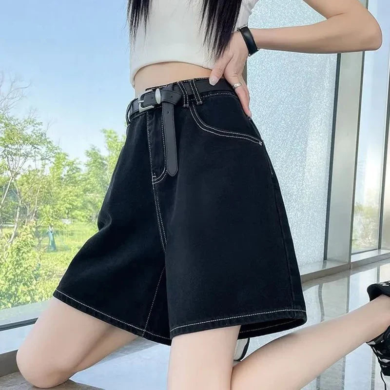 Summer Lady High Waist Casual Short Jeans Girls Classic Fashion Thin Straight Leg Pants Women Korean Solid Denim Shorts