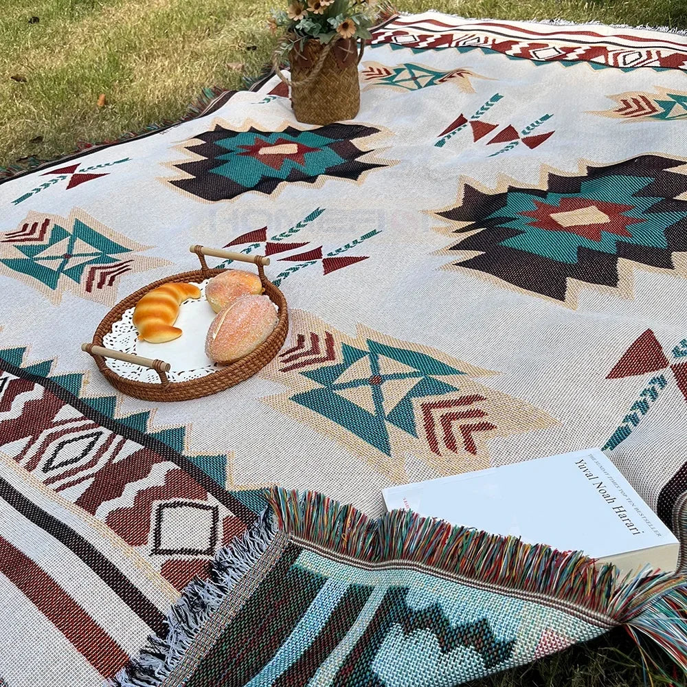 Aztec Blanket Oversized Boho Throw Blanket with Fringe Southwestern Geometric Tapestry Vintage Woven Throw Blankets Double-S