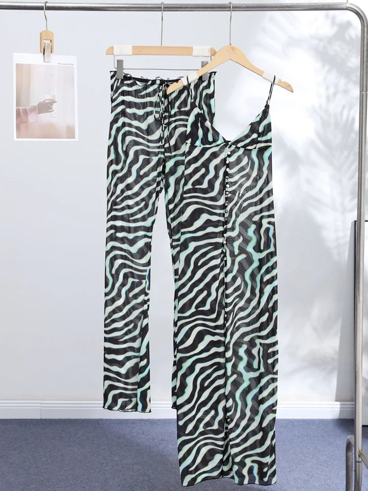 Beach Print Top Pants Women Set Sexy Sling V-neck Long Blouse Wide Leg Trousers 2026 Spring Summer New Dropped Lady Outfit New