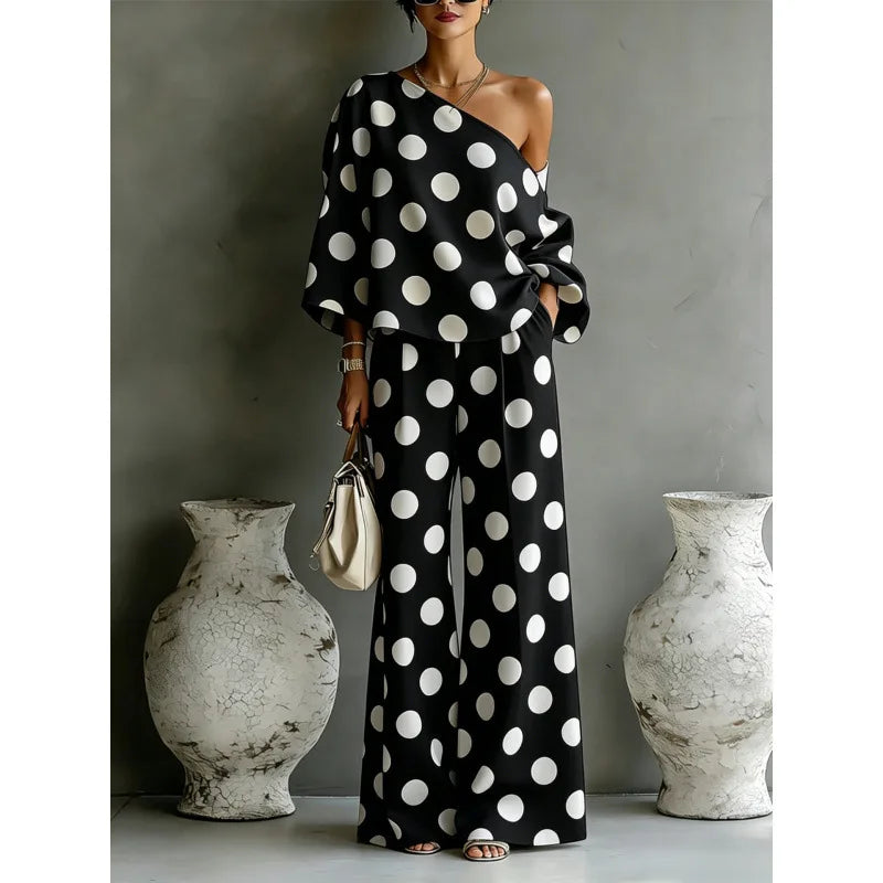 Bohemian Fashion Polka Dot Print Two-piece Set Woman's Foreign Style Slant Collar Top+wide Leg Pants Suit Lady Loose Fit Outfit