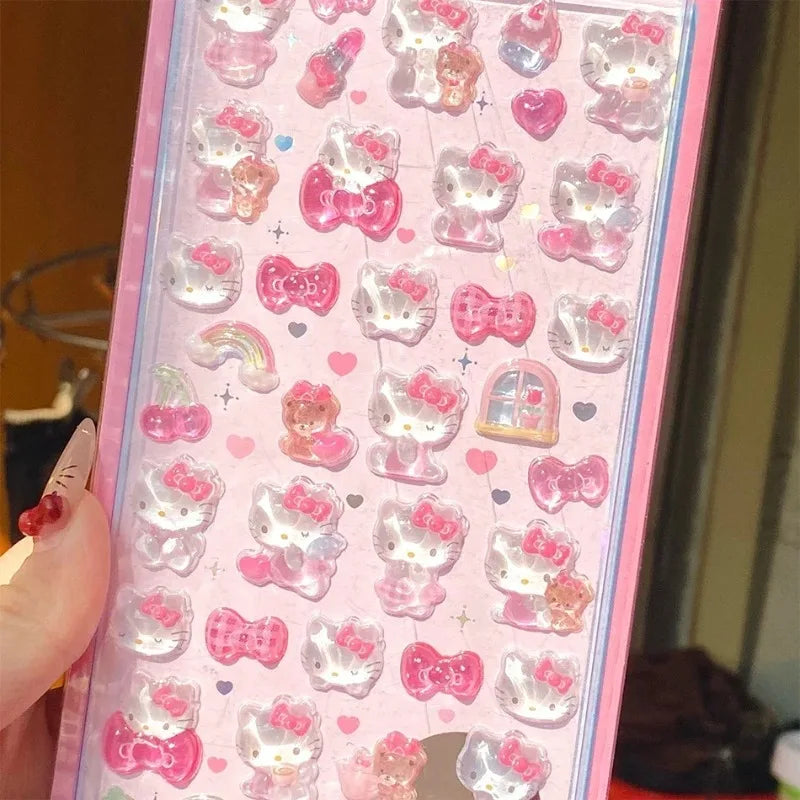 Cute Anime Hellokitty Kuromi Cinnamoroll 3D Sanrio Stickers Transparent Jelly Crystal Decorative Sticker Phone Case DIY Kids Toy