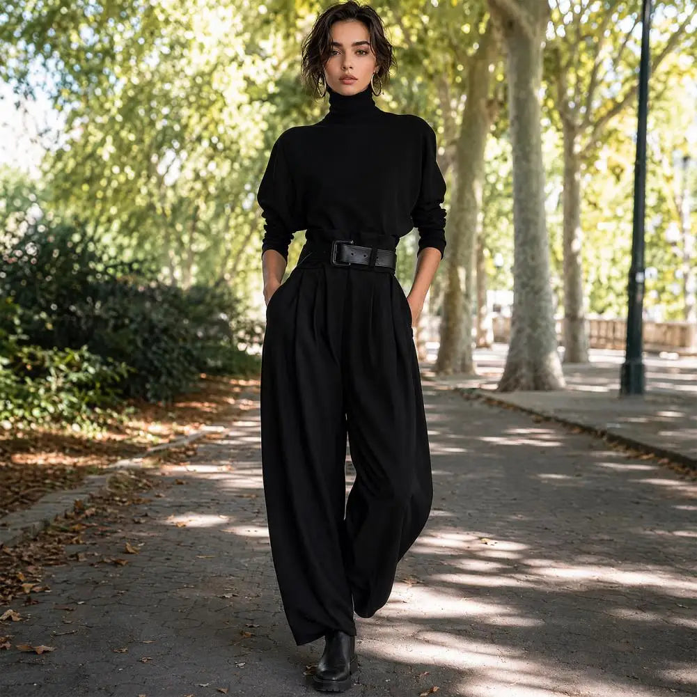2026 2 Piece Set Women's High-Neck Turtleneck Long Sleeve High-Waist Belted Pants Suit Set Women Casual Matching Set Streetwear