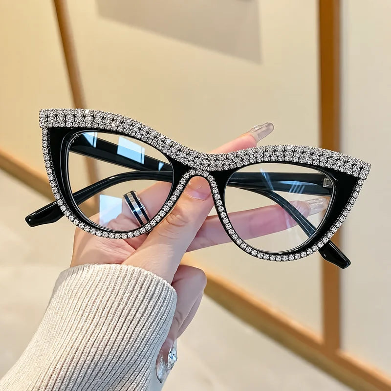 Light Luxury Full Diamond Cat Eye Reading Glasses, Sparkling Rhinestone Frame, Party Outfit, Decorative Glasses