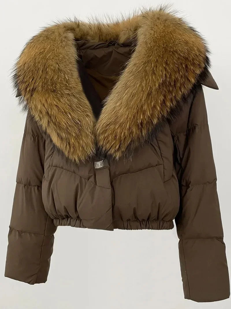Down Jacket Women Short Puffer Jacket Thick New Big Natural Real Fox Fur Coat  Autumn Winter Female White Duck Down Coat Feather