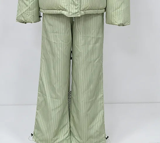 Women Striped Hooded Puffer Two Piece Outfit Oversized Cropped Jacket Baggy Pants Set Daily Outdoor Fashion Matching Outfit
