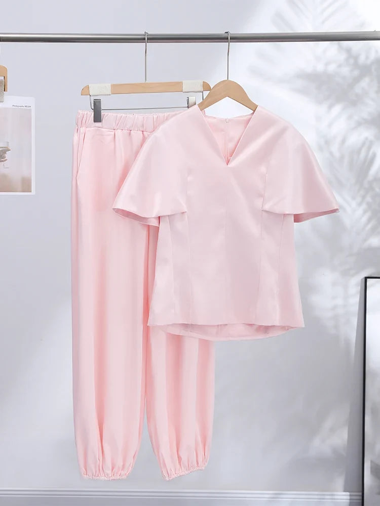 Elegant Women's Top Pant Sets Summer V-neck Short Sleeve Top High Waist Wide Leg Pant Female Suit 2026 Fashion Lady Suits