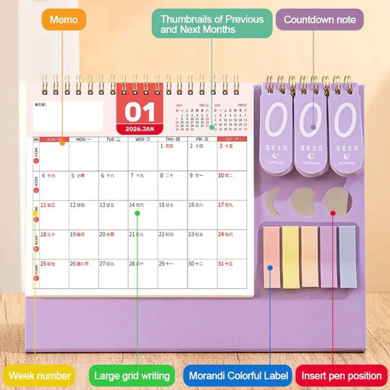 Calendario de escritorio 2026 con notas adhesivas