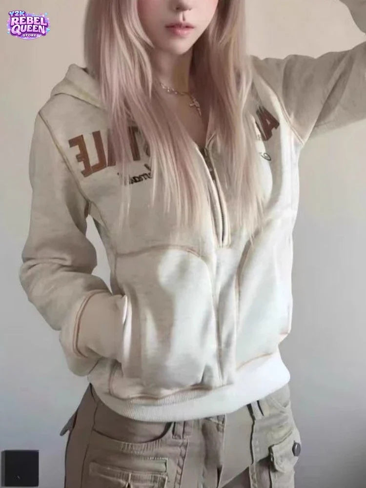 Japanese Y2K Punk Subculture Jacket Women Oversized Zip Up Hooded Sweatshirt Sexy Casual Vintage Streetwear Fashion Chic Clothes
