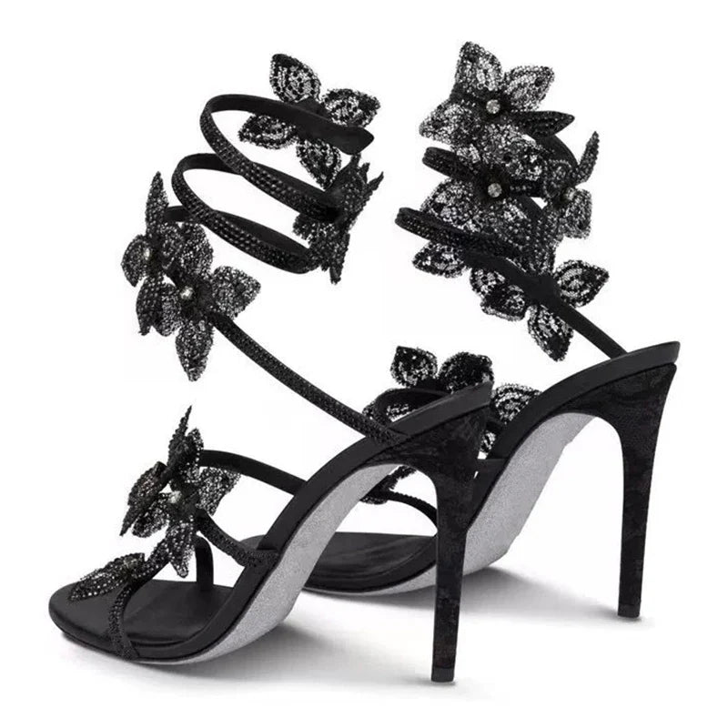 Aneikeh Sexy CRYSTAL Flower Narrow Band Ankle Strap Sandals Woman Thin High Heels Street Style  Pole Dancing Ladies Shoes