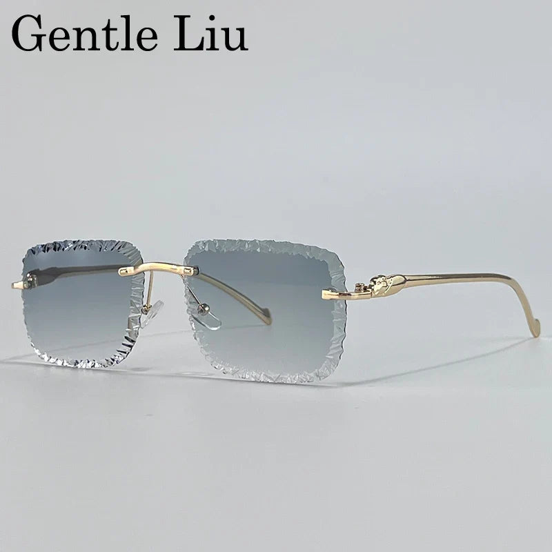 Fashion Square Rimless Punk Sunglasses Men 2025 Luxury Brand Cut Edge Frameless Sun Glasses For Male Leopard Head Eyewear Shades