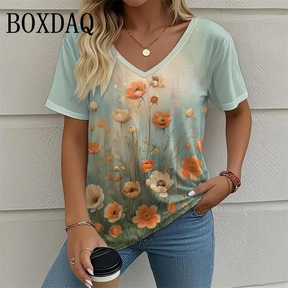 Plant Flowers 3D Print T Shirt For Women 2025 Summer Retro Short Sleeve Shirts Casual Tie Dye Butterfly Loose Plus Size Tops 8XL