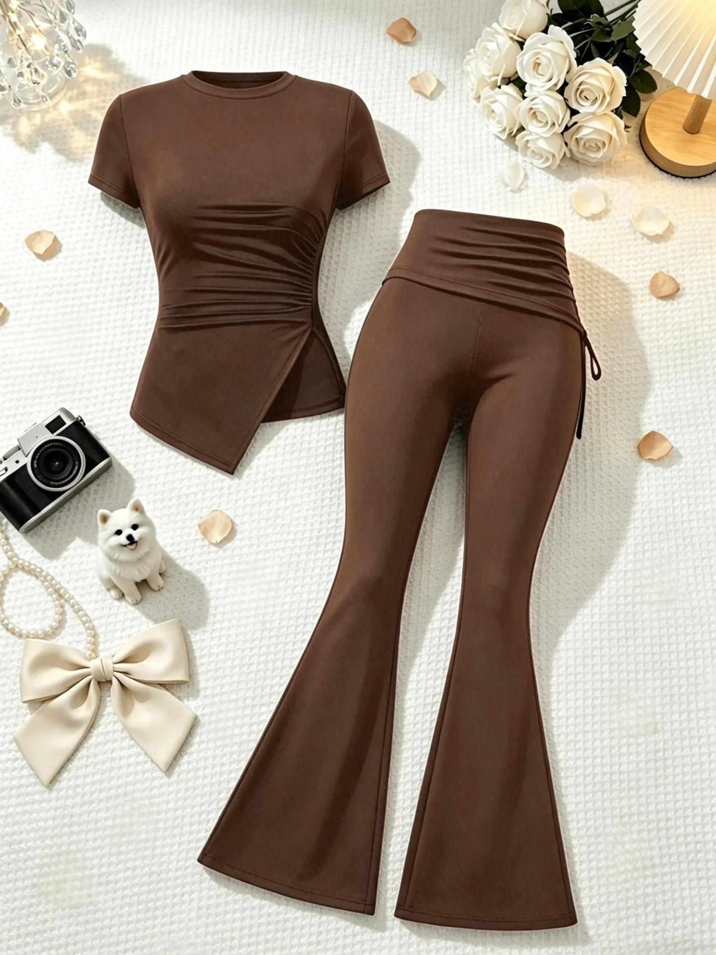 2 Pcs Women Crew Neck Side Ruched Split Hem Short Sleeve Tee High