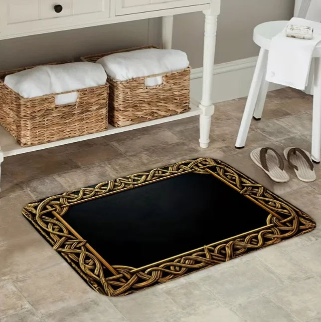 Elegant 3D Gold Frame Welcome Door Mats Water Absorbing Bathroom Mat Floral Design Blue and Gold Home Entrances or Bathrooms