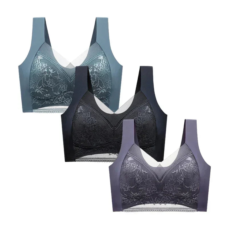 FallSweet Sujetadores Push Up de Encaje para Mujer, 3 Piezas, Sujetador Inalámbrico Sexy de Seda de Hielo, Bralette de Copa Profunda, Lencería Femenina, Ropa Interior para Mamá L-5XL