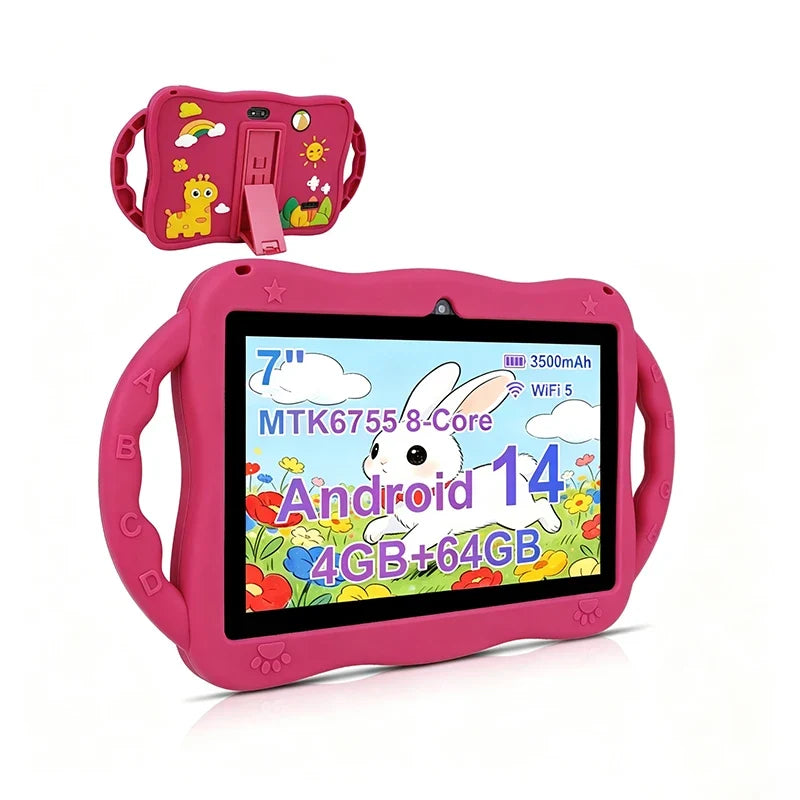 Tablet for Kids 7 Inch Android 14 4GB RAM 64GB ROM WiFi Bluetooth Dual Camera Educational Software Installed with Proof Case