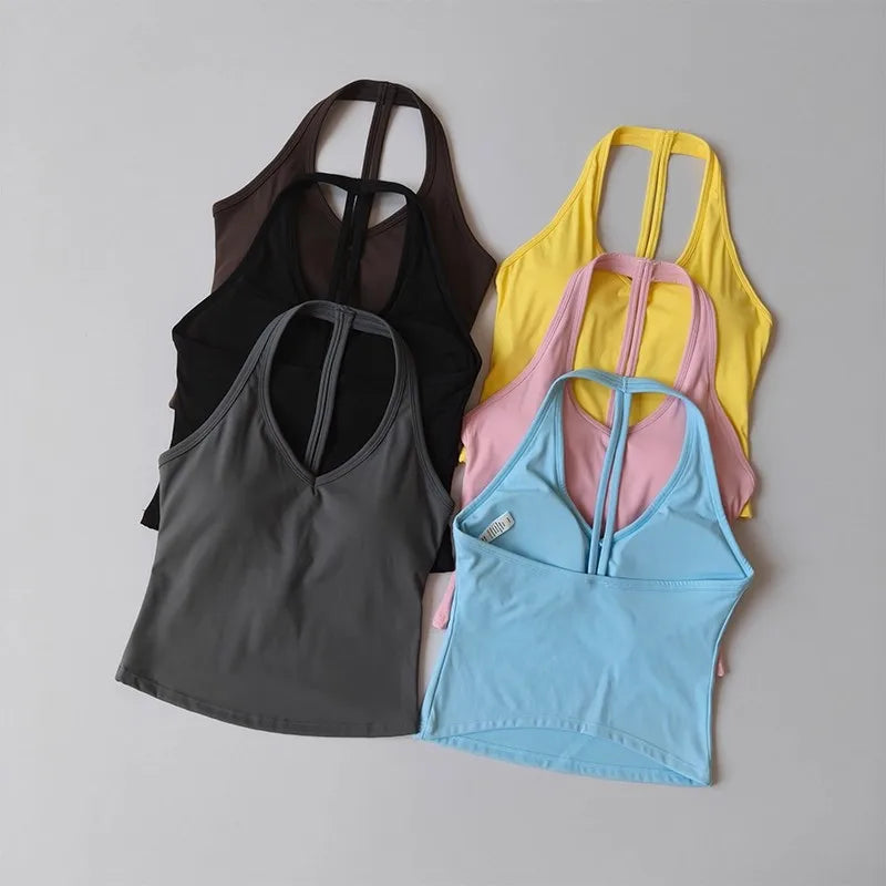 Women's Summer V-Neck Yoga Sports Vest Hanging Back Neck Design Outdoor Running Training Gathered Fit Top for Active Wear