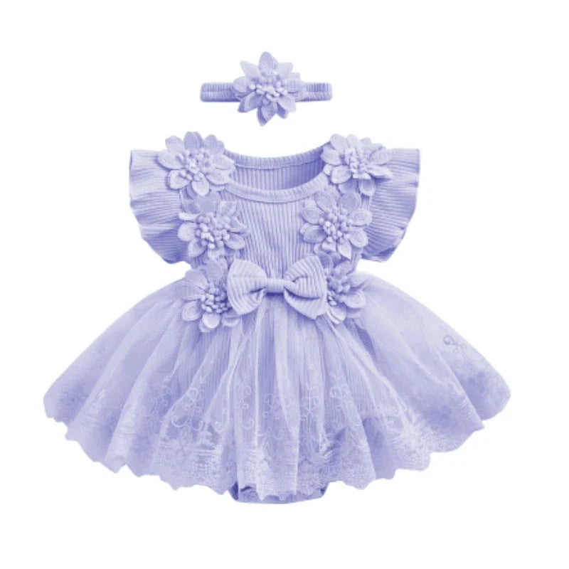 3D Flower Summer Baby Girls Romper Princess Mesh Newborn Clothes Lace Patchwork Ruffle Bodysuit Dress Headband Kids Clothing