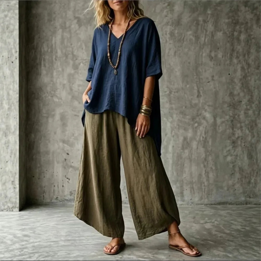Summer New Loose Retro Short-sleeved T-shirt Trousers 2-piece Set Women's Fashion Irregular Top + Wide-leg Trousers Set Female