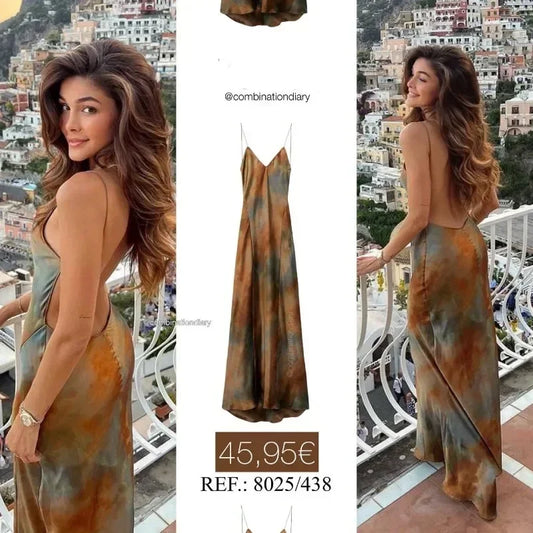 2025 Summer New Women's Open Back Sleeveless Dress Fashion Satin Mid Length Dress Printed Sexy V Neck Sling Dress