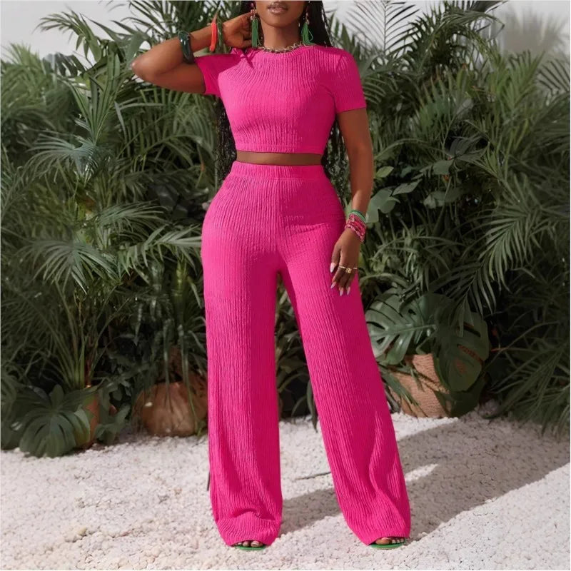 Casual Sports Set For Women Sexy Slim Short Sleeve O Neck Tops+High Waist Wide Leg Pants 2 Piece Sets Women's Clothing Holiday