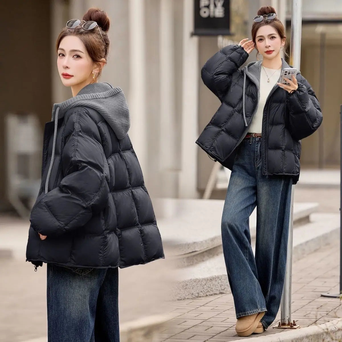 Femme Korean Cotton Padded Outwear 2026 New Autumn Winter Women Casual Knitted Hooded Puffer Jacket Fake Two-piece Warm Parkas