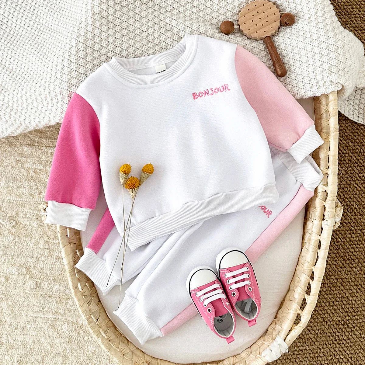 Infant Outfit Sets Baby Boys Clothes Bonjour Print Top Pants Thick Warm Girls Stylish Sportswear Autumn Winter Long Sleeve 2Pcs