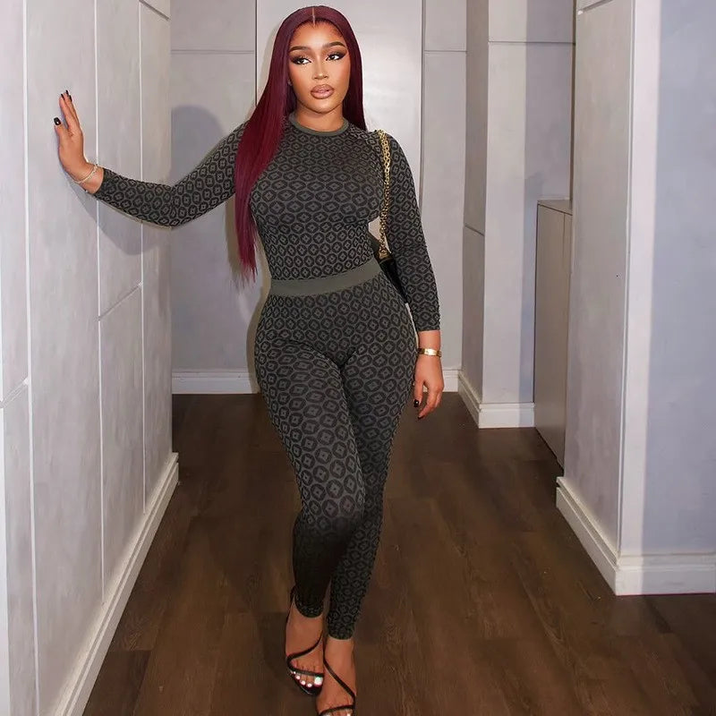 Women's Fashion Sets Slim Print Pants Y2K O-neck Long Sleeve Top Stretch Hip Package Pencil Trousers 2025 Spring Sexy Lady Suits