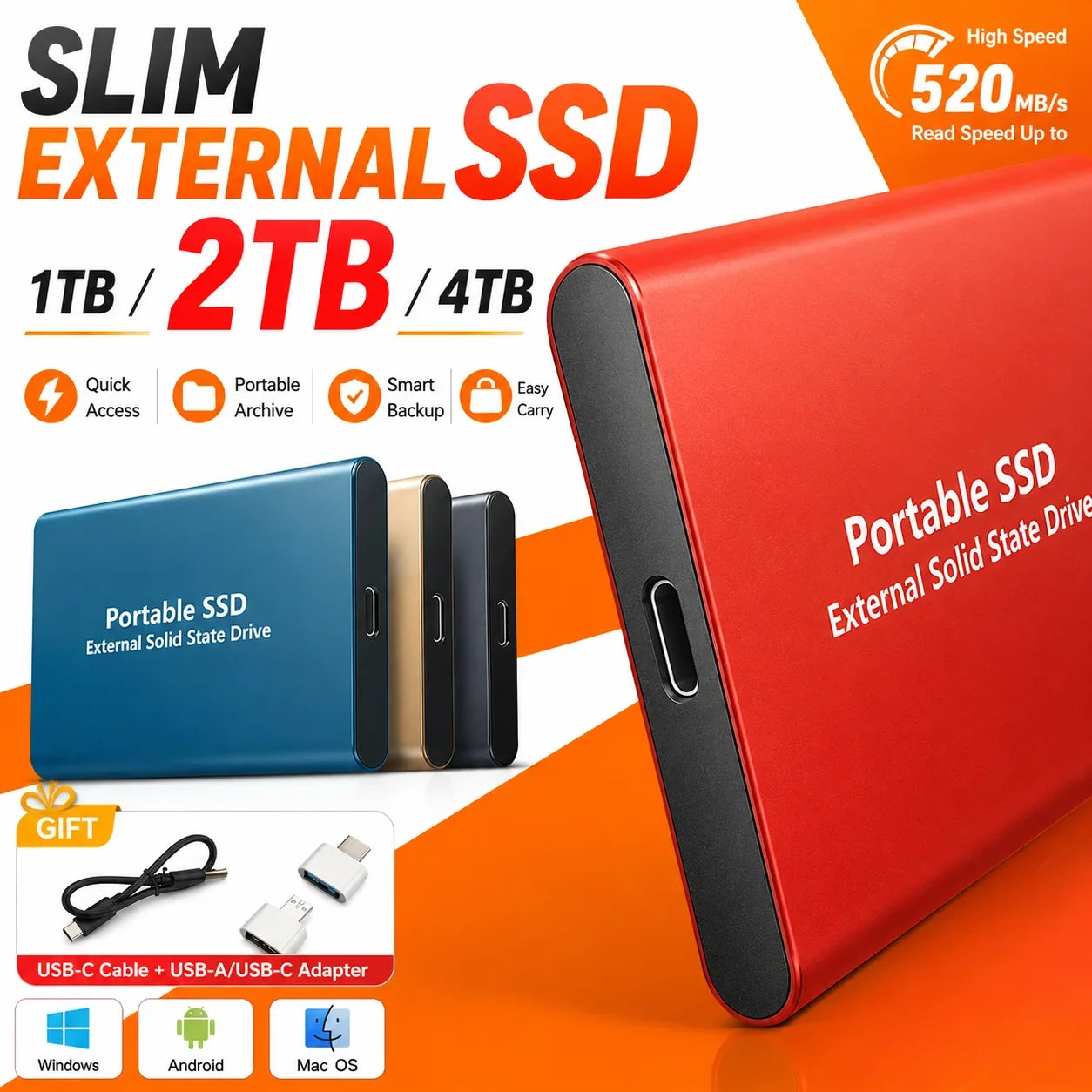 1TB 2TB Shockproof Portable External Hard Drive USB3.2 Type-C SSD Plug Play Hard Disk  For Laptop Mac