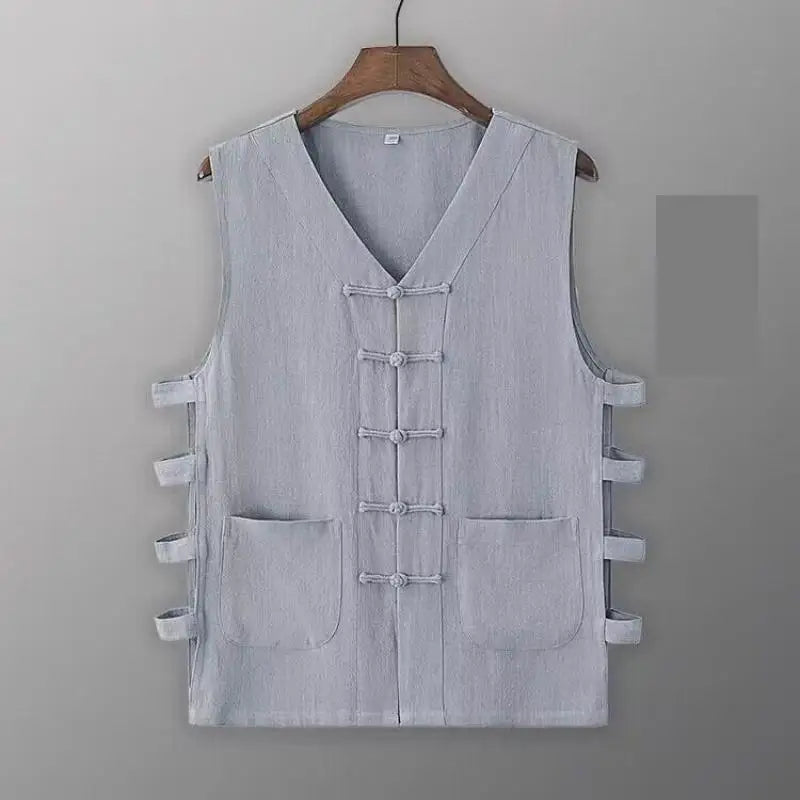 Chaleco Vintage para Hombre, Camisa de Algodón Lino, Chaleco de Kung Fu, Camiseta sin Mangas de Verano, Traje Tang, Ropa Tradicional China, Cárdigan Abierto sin Mangas