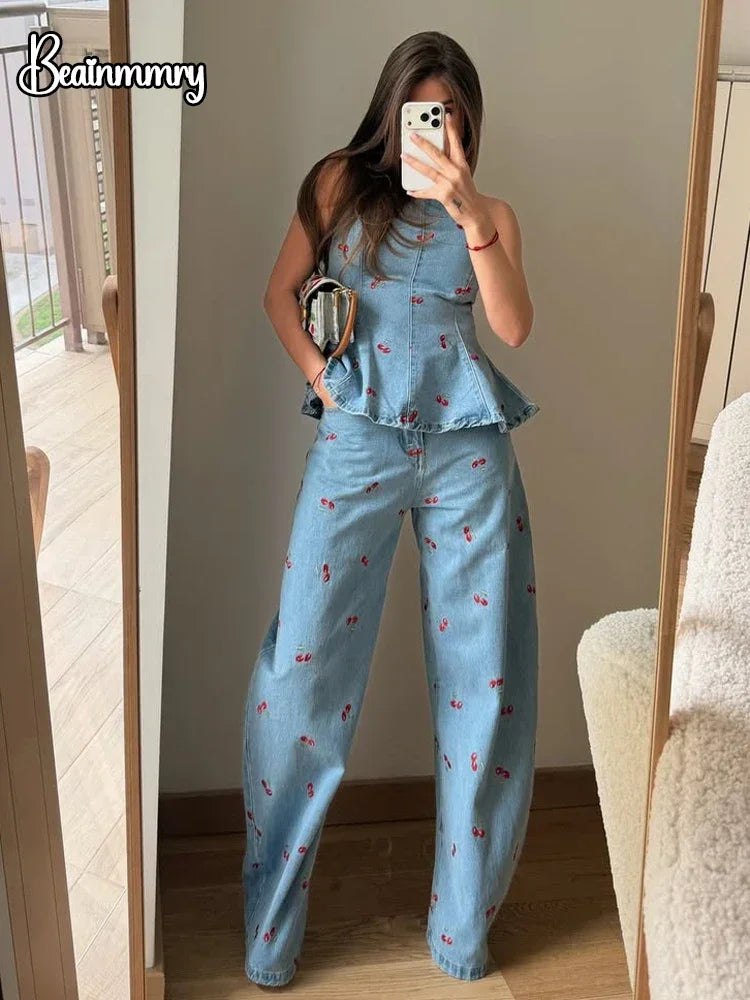 Denim Printed Sleeveless Pants  2-piece Set Women's Elegant Round Neck Fashion Short Shirt Long Pants Suits 2026 Street Outfit
