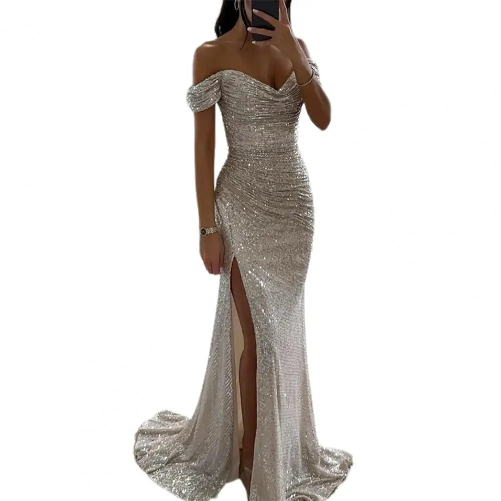Elegante vestido de noche con cuello en V, hombros descubiertos, maxi vestido con lentejuelas, cintura plisada, ajustado, sexy, con abertura, vestidos largos