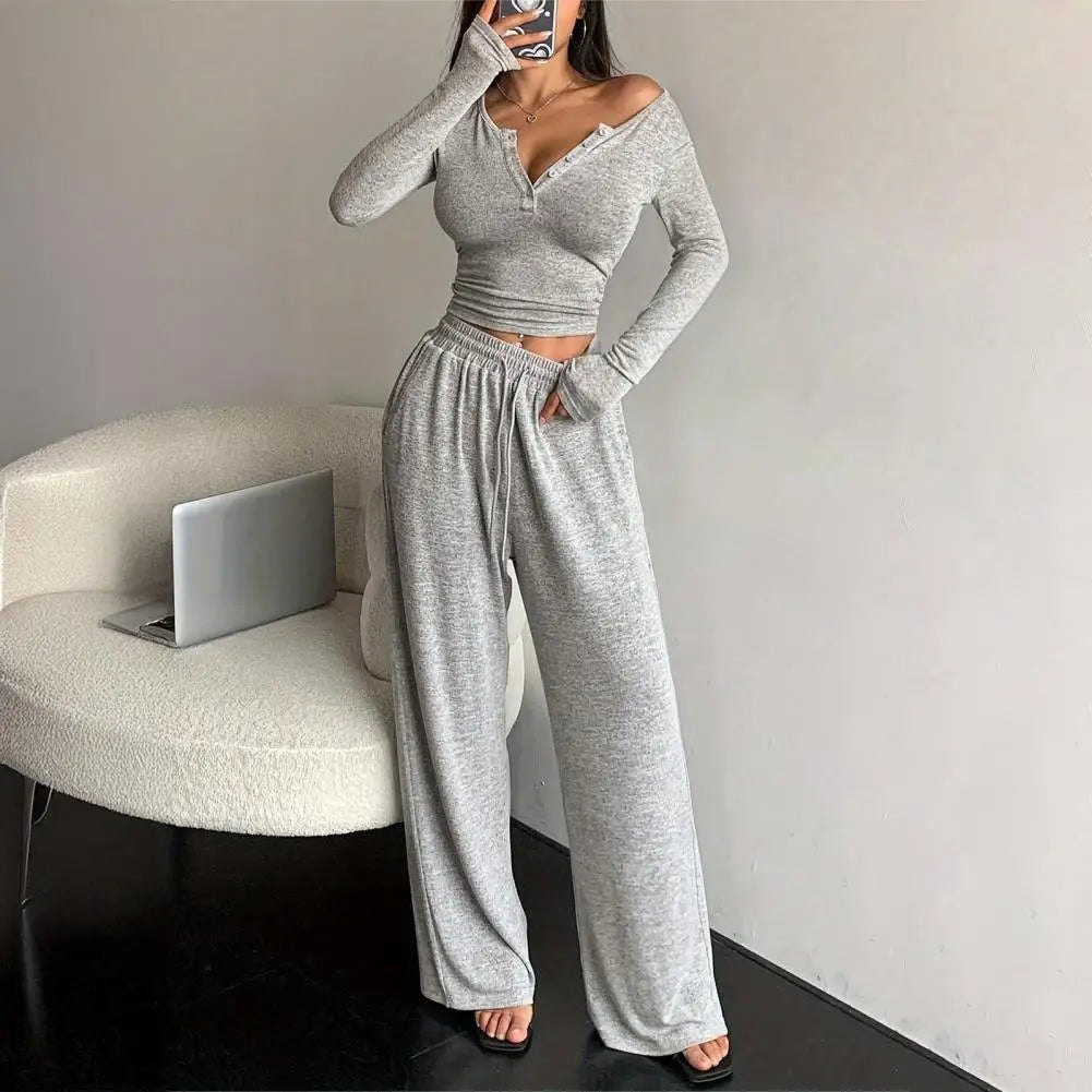 Button Up Crop Top & Wide Leg Pants Set, Women's Long Sleeve Matching Lounge Outfit Casual Fall Spring Tracksuits ﻿