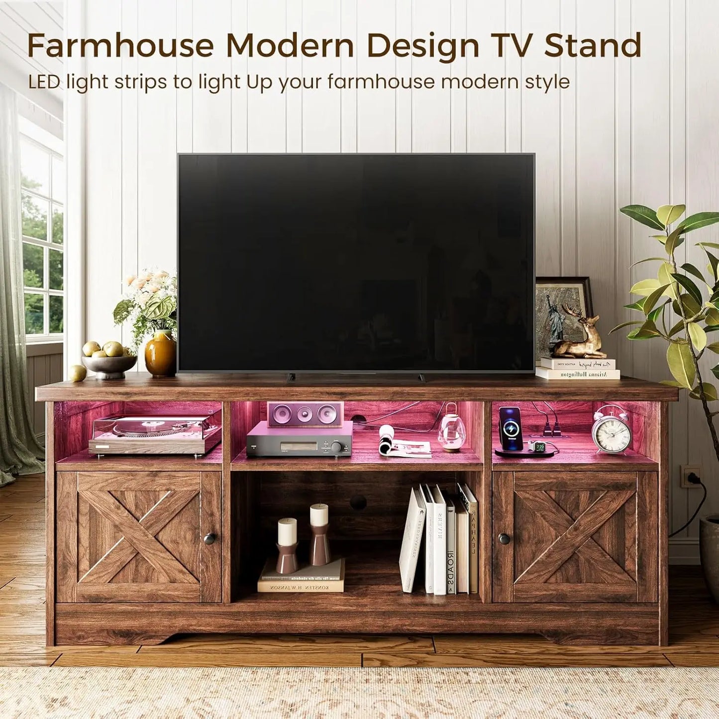 BIANXIANG Farmhouse TV Stand With Power Outlet And LED Lighting