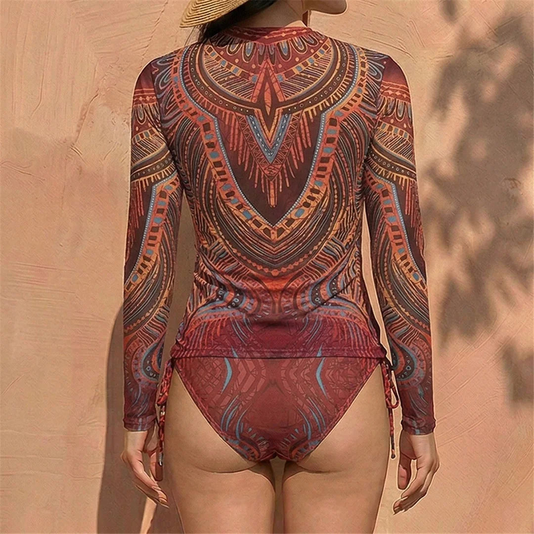 S - XXL Two-pieces Bikini set Bather Bathing Suit Swim Long Sleeve Flower Printed Bikini Female Swimsuit Women Swimwear K8062