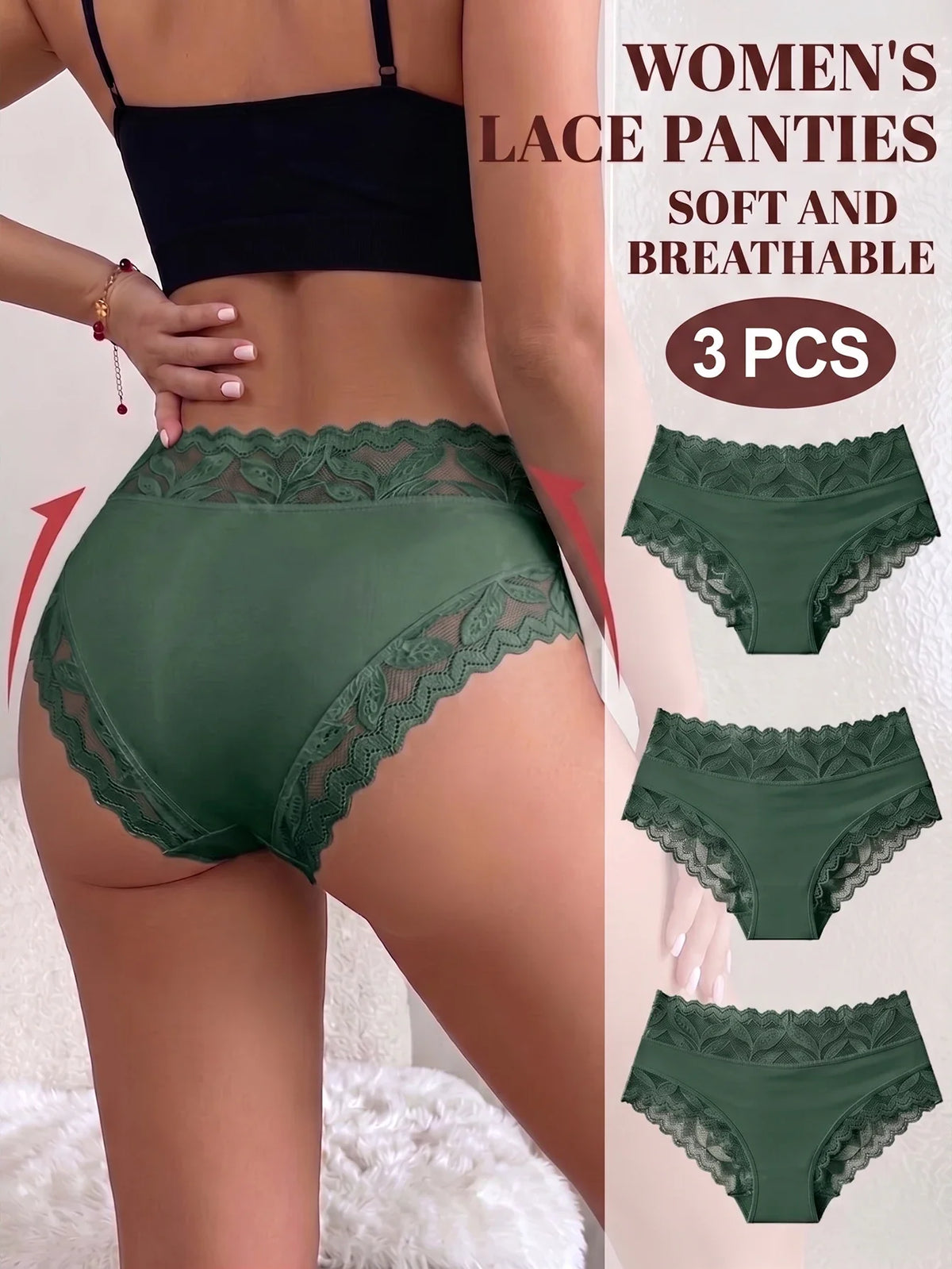 Premium 3-Piece Lace Panties Set – Breathable High-Waist Briefs for Women