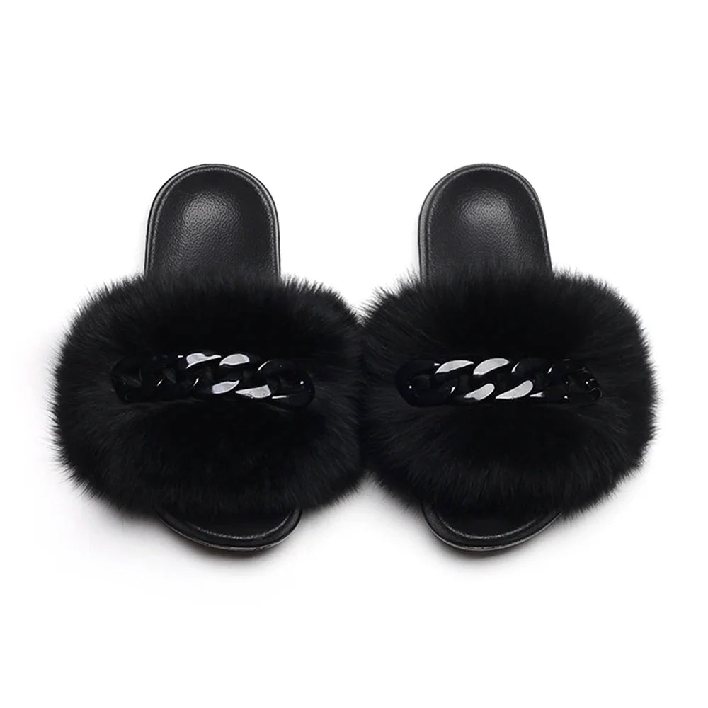Women’s Fluffy Fox Fur Chain Slides