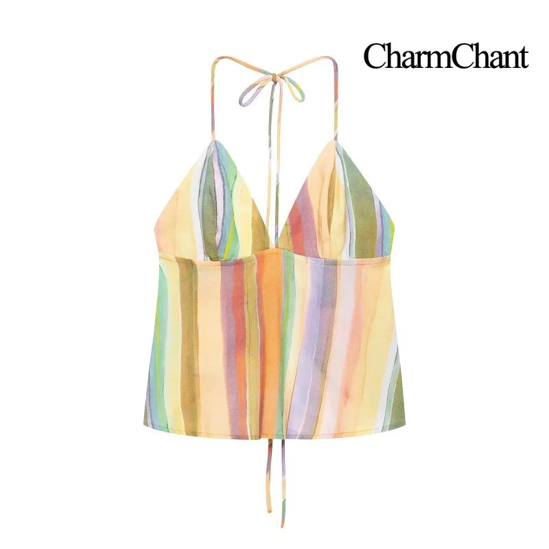 CHARMCHANT Women's Colorful Stripe Two Piece Outfit Halter Backless Tie Top Wide Leg Trousers Holiday Matching Suit Summer 2026