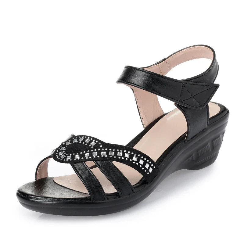 Women Spring Summer Rhinestone Wedge Sandals Comfort Mid Heel Anti-slip Soft Sole Elderly Mom Shoes Breathable Casual Ladies